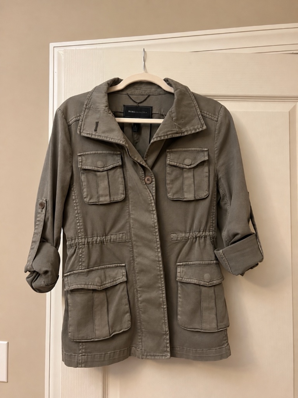BCBGMAXAZRIA Women’s Military Utility Jacket Olive Gray 4 Pocket Size M